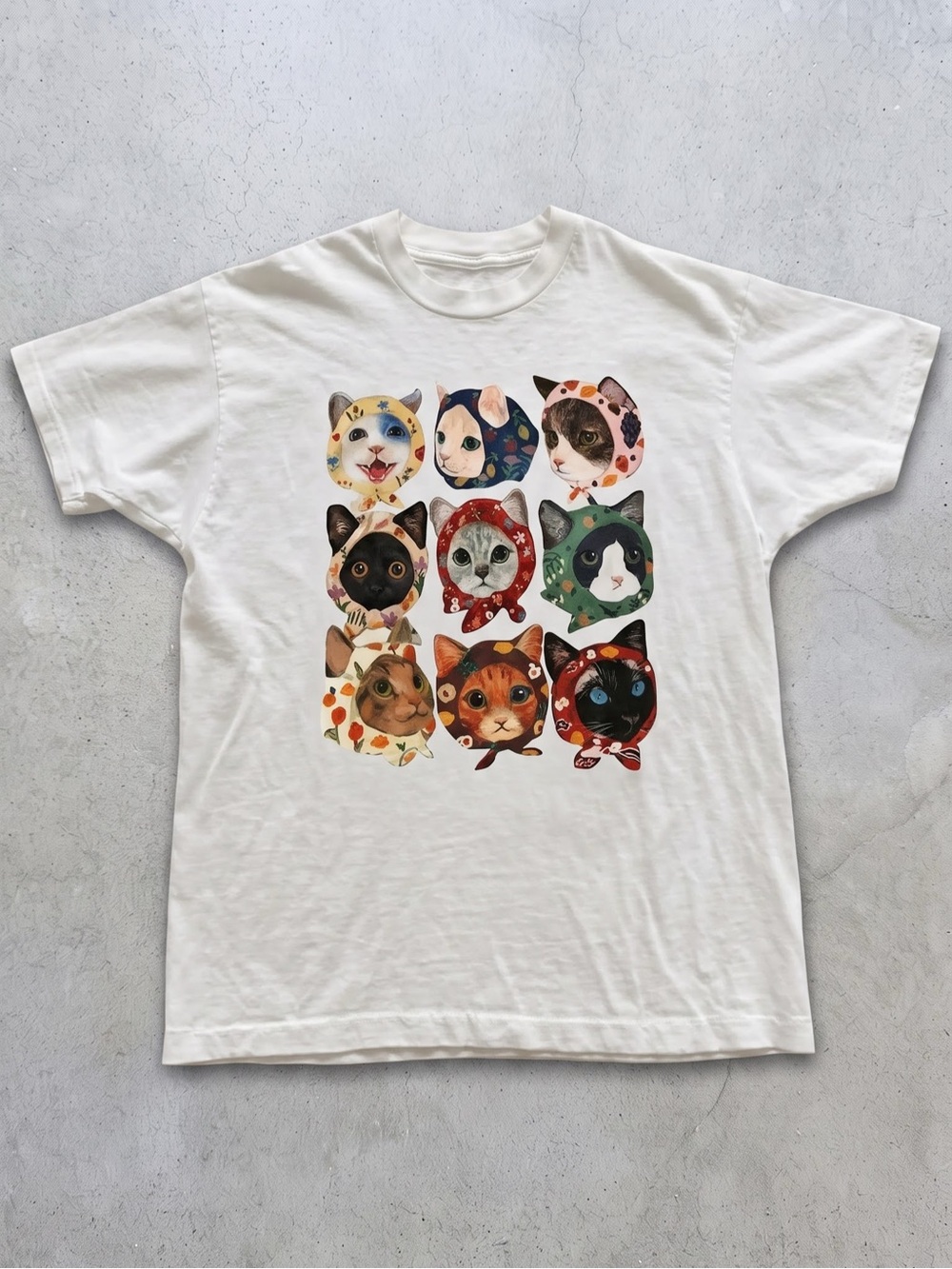 White Tee with Colorful Cat Faces Grid